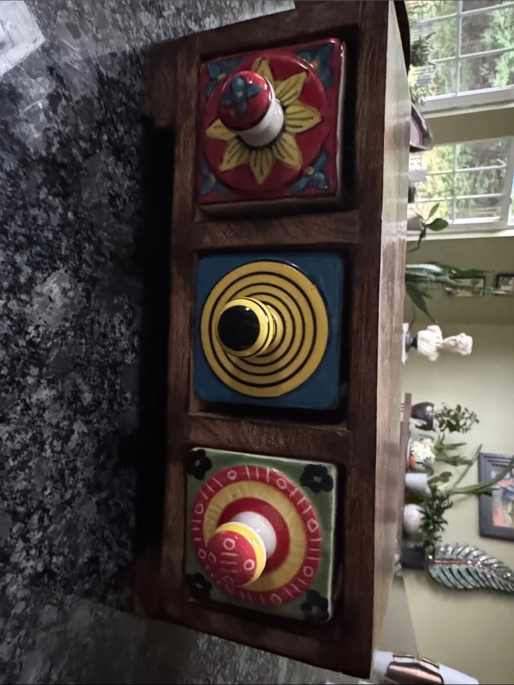 Handcrafted Wood Three-Drawer Jewelry Organizer with Colorful Ceramic Drawers